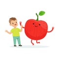 Happy boy having fun with fresh smiling apple fruit, healthy food for kids colorful characters vector Illustration