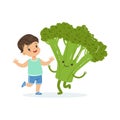 Happy boy having fun with fresh smiling broccoli vegetable, healthy food for kids colorful characters vector