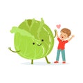 Happy boy having fun with fresh smiling cabbage vegetable, healthy food for kids colorful characters vector Illustration