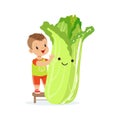 Happy boy having fun with fresh smiling chinese cabbage vegetable, healthy food for kids colorful characters vector