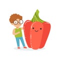 Happy boy having fun with fresh smiling sweet red pepper vegetable, healthy food for kids colorful characters vector