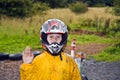 Happy boy with helmet at the kart trail Royalty Free Stock Photo