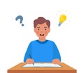 Happy boy with his laptop having a good idea. Elementary school pupil. Question mark and light bulb. A schoolboy found a solution Royalty Free Stock Photo