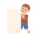 Happy Boy Holding Banner or Poster with Empty Space Vector Illustration Royalty Free Stock Photo