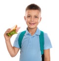 Happy boy holding sandwich on  background. Healthy food for school lunch Royalty Free Stock Photo