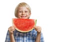 Happy boy holding slice of watermelon Royalty Free Stock Photo