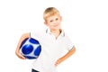 Happy boy holding soccer ball Royalty Free Stock Photo