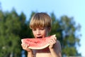 Happy boy holding watermelon on nature background Royalty Free Stock Photo