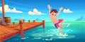 Happy boy jump into lake water from wooden pier,