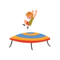 Happy Boy Jumping on Trampoline, Smiling Little Kid Bouncing and Having Fun Cartoon Vector Illustration Royalty Free Stock Photo