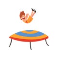 Happy Boy Jumping on Trampoline, Smiling Little Kid Bouncing and Having Fun on Trampoline Cartoon Vector Illustration Royalty Free Stock Photo