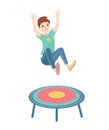 Happy boy jumping on a trampoline. Vector colorful illustration on white background.