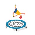 Happy boy jumping on trampoline. Young man having fun jump and bouncing, spare time, training and activity Royalty Free Stock Photo