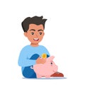 Happy boy kid putting a gold coin into a piggy bank. Money saving, economy. Vector illustration