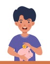Happy boy kid putting a gold coin into a piggy bank. Money saving, economy. Vector illustration