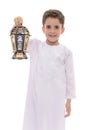 Happy Boy with Lantern In White Djellaba Celebrating Ramadan