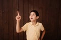 Happy boy in light yellow t-shirt. Isolated over brown background. Schoolboy. Teenager.