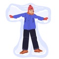 Happy boy lying on the ground and makes snow angels, enjoying snowy day. Vector cartoon flat winter illustration. Royalty Free Stock Photo