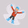 Happy boy making snow angel childhood game kid lying back moving arms and legs shape flat design vector illustration