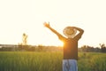 Happy boy open hand on green rice field during sunset Royalty Free Stock Photo