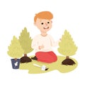 Happy Boy Planting Tree Sapling, Save the World, Ecology Concept Cartoon Vector Illustration Royalty Free Stock Photo