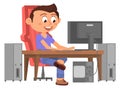 Happy boy playing on computer. Cartoon gamer character