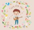 Happy boy playing guitar and sing a song illustration Royalty Free Stock Photo