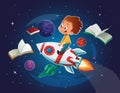 Happy Boy playing and imagine himself in space driving an toy space rocket. Books, planets, rocket and stars in a Royalty Free Stock Photo