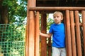 Happy boy playing in tree house in a summer day. Happy and healthy childhood. Summer holidays concept. Kid plays in an adventure Royalty Free Stock Photo