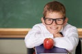 Happy boy, portrait and books with apple at school for learning, education or nutrition by green chalk board. Face of Royalty Free Stock Photo