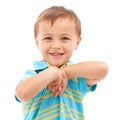 Happy, boy and portrait of child in studio, white background and fashion in mockup space. Kid, face and smile with