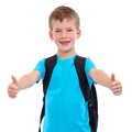 Happy boy, portrait and thumbs up for winning in education, learning or success with backpack. Child showing thumb emoji Royalty Free Stock Photo