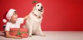 Happy boy posing in Santa Claus hat on red studio background with funny dog. Christmas concept Royalty Free Stock Photo