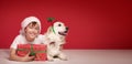 happy boy posing in Santa Claus hat on red studio background with funny dog. Christmas concept Royalty Free Stock Photo