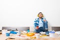 Happy boy in protective headphones sitting Royalty Free Stock Photo