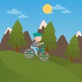 Happy Boy Riding Bicycle in Mountains. Children Vacation.