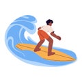 Happy boy riding surfboard, catching a wave. Active young man surfing on summer holidays. Surfer swimming in sea on Royalty Free Stock Photo