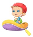 The happy boy is rowing a boat lonely in the big river with safety suit Royalty Free Stock Photo