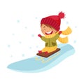 Happy Boy in Scarf and Knitted Hat Sledging Downhill Enjoying Winter Vector Illustration