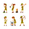 Happy Boy Scouts Wearing Khaki Uniform Chopping Wood, Blowing Trumpet, Cooking Soup, Examining Map and Shooting with Royalty Free Stock Photo