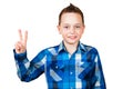 Happy boy show victory sign isolated on white background Royalty Free Stock Photo