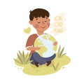 Happy Boy Sitting on Green Lawn with Earth Globe, Save the World, Ecology Concept Cartoon Vector Illustration Royalty Free Stock Photo