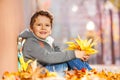 Happy boy sitting in leaf pile with autumn bouquet