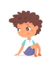 Happy boy sitting and looking. Joyful smiling thoughtful child on floor. Positive emotion and fun vector illustration