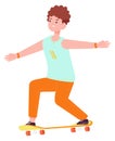 Happy boy on skateboard. Teenager riding street board