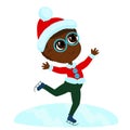 A happy boy is skating and wearing a Santa Claus hat. The child is active and joyful. Character design. Royalty Free Stock Photo