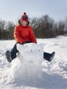 Happy boy in snow play and smile sunny day outdoors Royalty Free Stock Photo