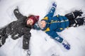 Happy boy in snow play and smile sunny day outdoors Royalty Free Stock Photo