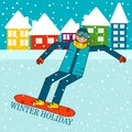 Happy boy snowboarder jumping on a snowboard Royalty Free Stock Photo