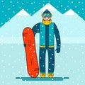 Happy boy snowboarder standing with a snowboard. Snow mountain landscape.